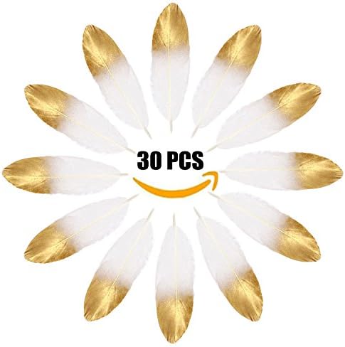 30 PCS Gold Dipped Natural White Feather in Bulk for Craft Party Decoration, Baby Shower, Birthday Wedding Party, Gift wrapping