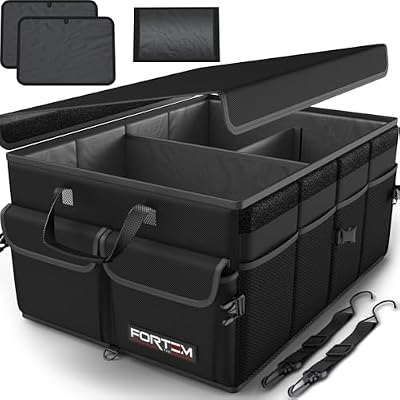 Organizador Maletero Coche - Caja Maletero Coche Plegable con Base Antideslizante y Correas Ajustables - Bolsa Organizador con Compartimentos y Tapa con Tela Oxford 600D - Accesorios Coche 50L