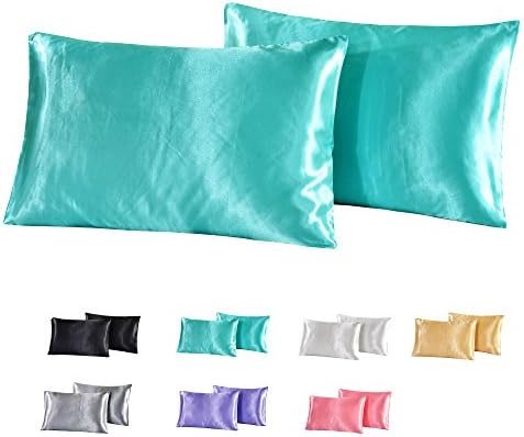 WarmGo Silky Satin Pillowcase for Hair/Skin Protection-Stain/Wrinkle/Fade Free Pillow Case 2 Pieces Standard/Queen Size (Azure,20''x30'')