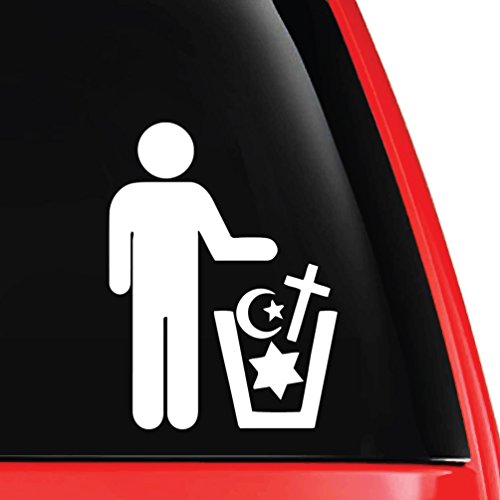 Trash Religion Parody Atheist Decal Vinyl Car Laptop Sticker - EvolveFISH - White 5" x 4"