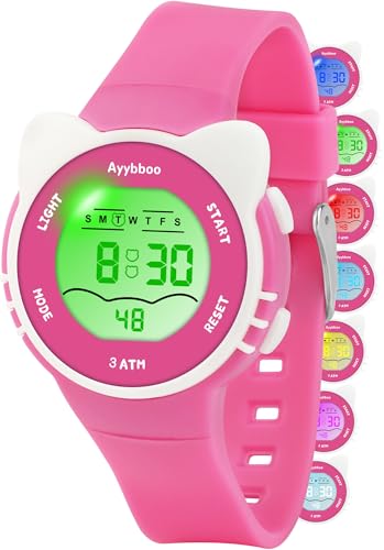 Ayybboo Kids Digital Watches for Girls Boys, 7 Color Lights Waterproof Cute Wristwatches for Kids with Alarm Stopwatch, Great Present for Girls Boys Ages 5-13