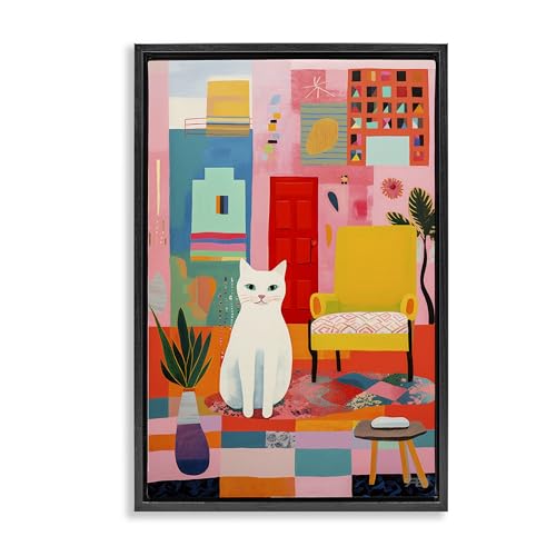 Stupell Industries Cat & Eclectic Design Framed Floater Canvas Wall Art Design…