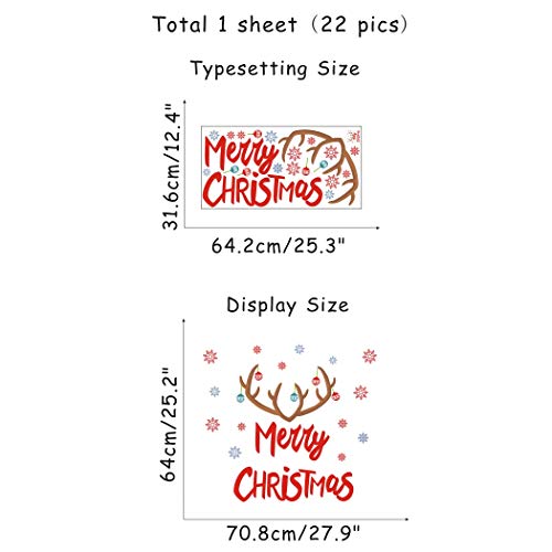 Merry Christmas Quote Wall Decals(22 Decals), Snowflake Winter Stickers, Antler Small Bell Wall Art for Xmas Party Supplies Window Clings Nursery Decor