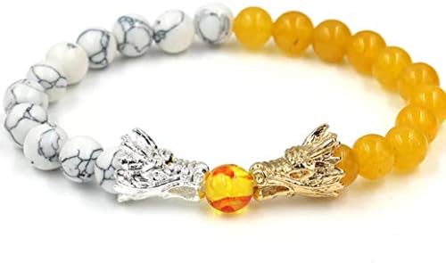Dyad Jewellery Chasing The Dragon Ying & Yang Beaded Bracelet, Featuring Dragon's in Silver & Gold on Half Yellow Jadestone Beads & Half White Howlite with a Resin Firebead Between Them (19.5)