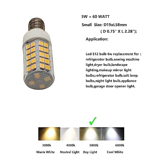 QLEE E12 LED 5W C7 Glühbirne 60W gleiches Halogenlicht Tageslicht T6 Kandelaber Glühbirne für Deckenventilator Nähen Serger Licht Kühlschrank Mikrowelle Licht Kronleuchter Licht 4er Pack
