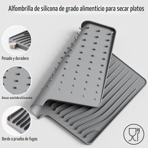 Premium Silicone Dish Drainer with Inclined Design - Non-Slip, Heat Resistant (446°F), Quick Drying Dish Drainer for Kitchen Countertop, Sink (Grey, 37*29.5cm)
