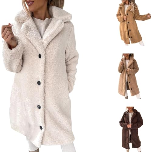 Winter Jackets For Women Uk Thick Warm Teddy Fleece Jacket Women Fashion Turndown Collar Fuzzy Fleece Coat Long Sleeve Button Down Long Winter Coat Soft Comfortable Ladies Chunky Cardigans