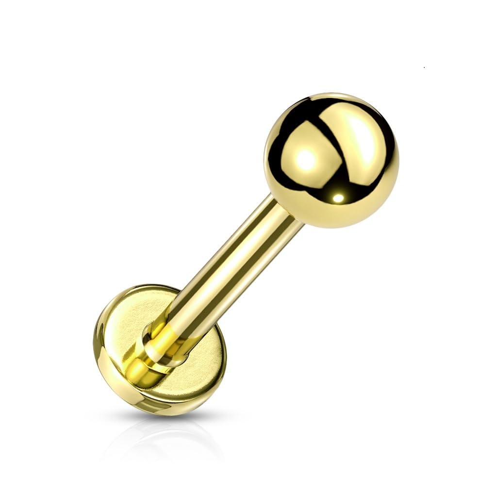 PiercedOff Gold IP over 316L Surgical Steel 0.8mm Labret with Threadless Push in 2mm Top Ball - Length 6mm