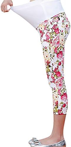 MIAMAMA Women's Maternity Elastic Waist Flower Print Capri Pants Tights Leggings White Large