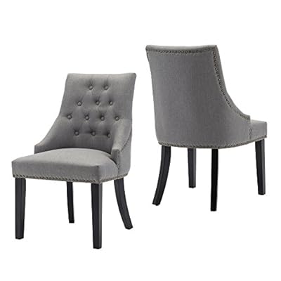 LSSBOUGHT Set of 2 Fabric Dining Chairs Leisure Padded Chairs with Black Solid Wooden Legs,Nailed Trim,Gray 414hH3BGlNL