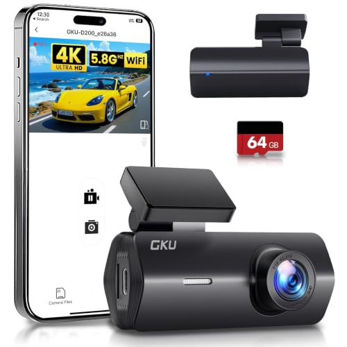 GKU 4K Car Dash Cam with UHD 2160P, Dashcam Car with WiFi 5.8GHz, 64G SD Card, 24H Parking Monitor, Super Night Vision, 170° Wide Angle, WDR, G-Sensor, Loop Recording, Max 256G