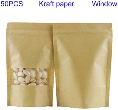LLINCLUSIVE 50 Pack Heat Sealable Stand Up Food Storage Bags Resealable Kraft Paper Zip Lock Pouch with Tear Notch and Matte Window, 7x10 Inches 9.5oz