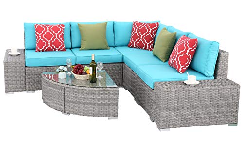 Do4U 6 PCs Outdoor Patio PE Rattan Wicker Sofa Sectional Furniture Set Conversation Set- Turquoise Seat Cushions & Glass Coffee Table| Patio, Backyard, Pool| Steel Frame (5828-GRY-TRQ) - Thumbnail 2