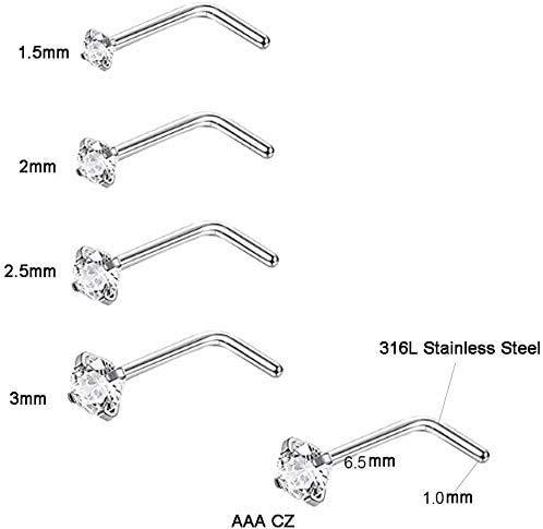 8 Pcs 18 Gauge Stainless Steel Nose Rings Studs L Shaped Crook Nose Body Piercing Jewelry 1.5mm 2mm 2.5mm 3mm Diamond CZ Nose Stud L Bend for Women Girl Piercing (Sliver-Steel)