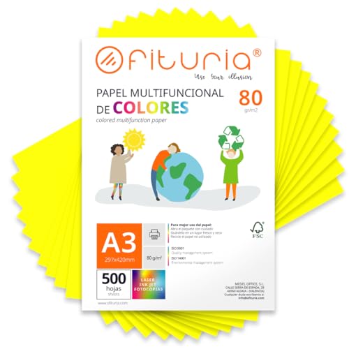 Coloured Sheets, Pack 500 Sheets A3 80 g – Coloured Paper for Crafts, Printer, Scrapbooking – Folios Colours – Ideal Origami, Papiroflexia, Office and School (Fluorescent Yellow, 500h)
