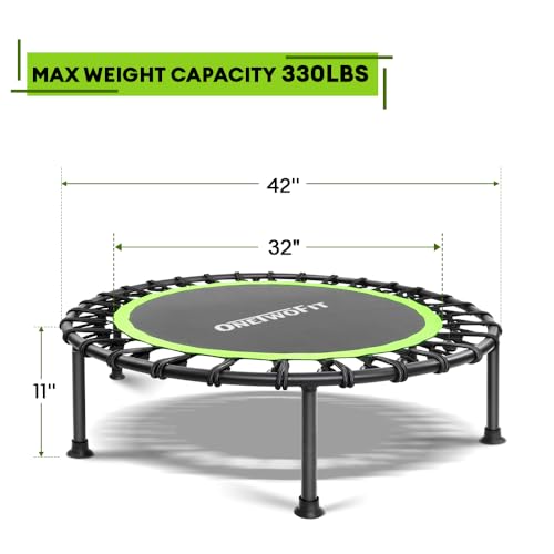ONETWOFIT 107/114cm Trampolín de Rebote para Adultos, Mini trampolín silencioso para Ejercicio en Interiores al Aire Libre, trampolín de Fitness con Rebote Bungee Verde