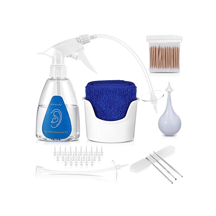 ETEREAUTY Ear Wax Removal Tool, Ear Cleaning Irrigation Kit, Includes 25 Disposable Tips, Basin, Syringe, Long Hose, Curette Set, Towel and Cotton Swab