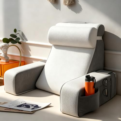 Large Reading Pillow with Removable Neck Pillow and Armrest, Back Cushion, Ergonomic Back Cushion with Arm and Pocket and Washable Reading Pillow Cover for Reading