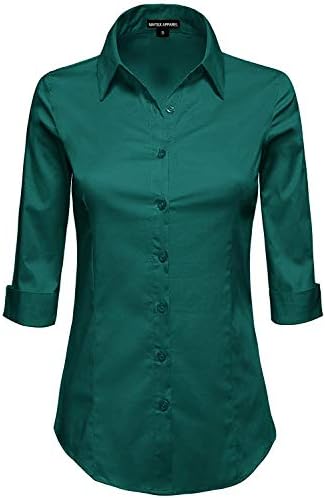 MAYSIX APPAREL 3/4 Sleeve Stretchy Button Down Collar Office Formal Casual Shirt Blouse for Women Fit (XS-6XL) Black