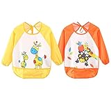 Leyaron 2 Pack Unisex Infant Toddler Baby Waterproof Sleeved Bib, 6 Months-3 Years, Orange Monkey and Yellow Giraffe