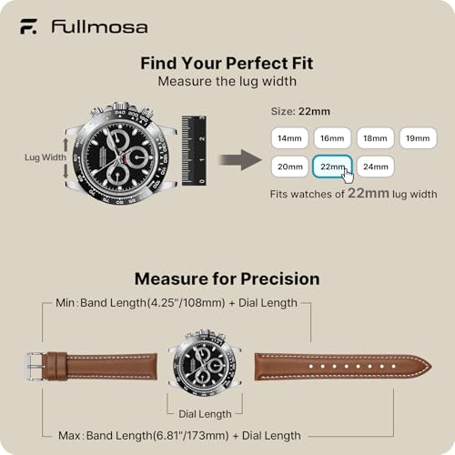 Fullmosa Watch Strap, Vintage Leather Strap Replacement for Smartwatch and Universal Watch with Stainless Steel Clasp for Men and Women, Brown+Silver Buckle, 22MM