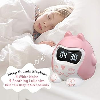 ROCAM Alarm Clock for Kids Bedrooms, Children's Sleep Trainer, Toddler Clock, Plug in Kids Alarm Clock with 7 Color Changing Night Light and Sleep Sounds Machine, Battery Operated and Nap Timer