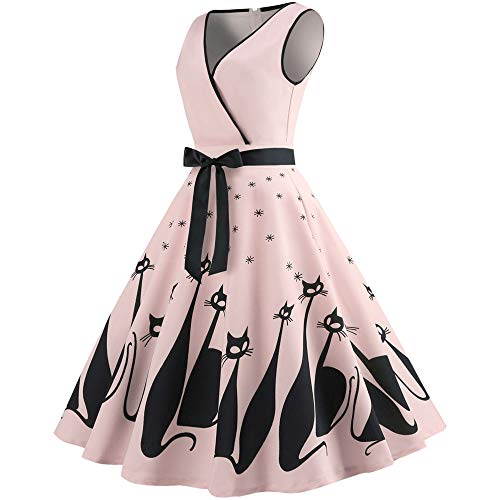 UONQD Women Cat Printed V Neck Sleeveless Evening Party Swing Retro Dress (X-Large,Pink)