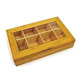 Bamboo Tea Box Storage Organizer With See Through Lid, 8 Adjustable Chest Compartments, Natural Bamboo Wooden Finish Tea Bag Organizer