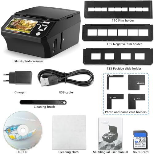 Scanner 4-en-1 Diapositives et Négatifs, Scanner Photo 22MP avec Écran LCD 5", Convertit 135/110 Films/Négatifs/Photos en JPEG Numérique, Carte SD 8Go Incluse