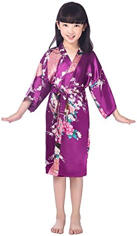 JZLPIN Childrens Girls Peacock Robes Satin Kimono Sleepwear Fashion Bathrobe Nightgown