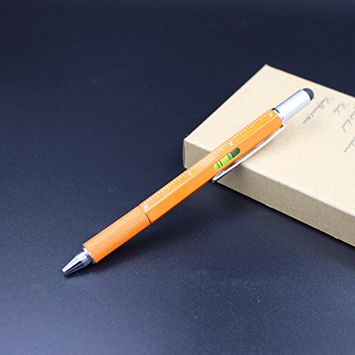 6 in 1 Multitool Pen with Gift Box - Includes 1 Ballpoint Pen, Universal Stylus Pen, Ruler,Flat and Phillips Screwdriver Bit, Level Gauge - The Perfect Multi-Function Gadget (Model A, 1PCS ORANGE)
