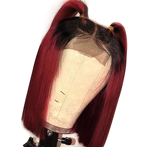 Short Human Hair Bob Wigs For Women Ombre Black Roots Remy Brazilian Lace Front,T1B/Burgundy,16inches,130%