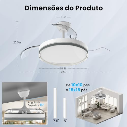 Ventilador de Teto com Pás Retráteis, Luz LED e Controle Remoto – Modelo Silencioso de 106 cm, Bivolt, 6 Velocidades e 3 Temperaturas de Cor (3CCT) para Uso Interno