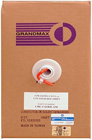 Grandmax CAT6 550MHz Solid PVC Bulk Cable, 1000ft, UTP Pull Box, CMR Rated, 100% Pure Copper, Multiple Colors Available, 4 Pair, 24 AWG/ 1000FT/ RED