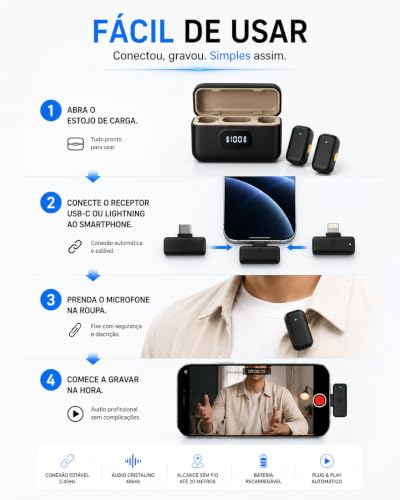 Microfone de Lapela Sem Fio com Estojo de Carregamento, 2 Microfones, USB-C e Lightning, Redução de Ruído ENC, Plug and Play, 20m de Alcance para iPhone, Android, Notebook, Tablet e Câmera