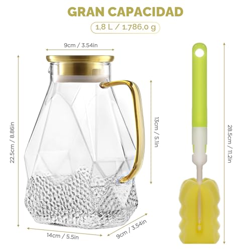ecooe Glass Water Pitcher 1.8 Liter Glass Jug Fridge Door Glass Water Jug with Stainless Steel Lid, Transparent Glass Jug for Cold/Hot Water, Juice, Milk, Coffee, Tea