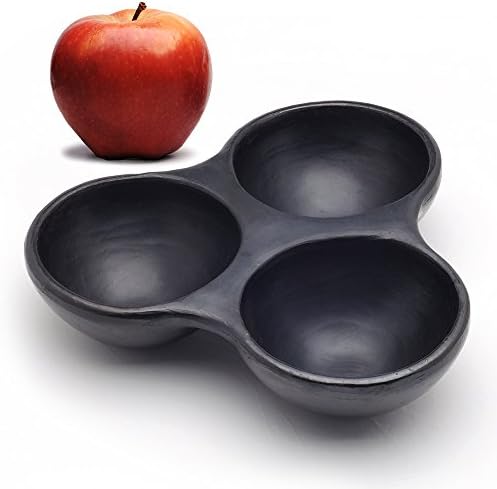 Black Clay Triple Sauce/Salsa Bowl, Handmade in La Chamba Colombia, Environment Friendly, 100 Percent Natural, Toxin Free, Organic Dish for Home or Restaurant