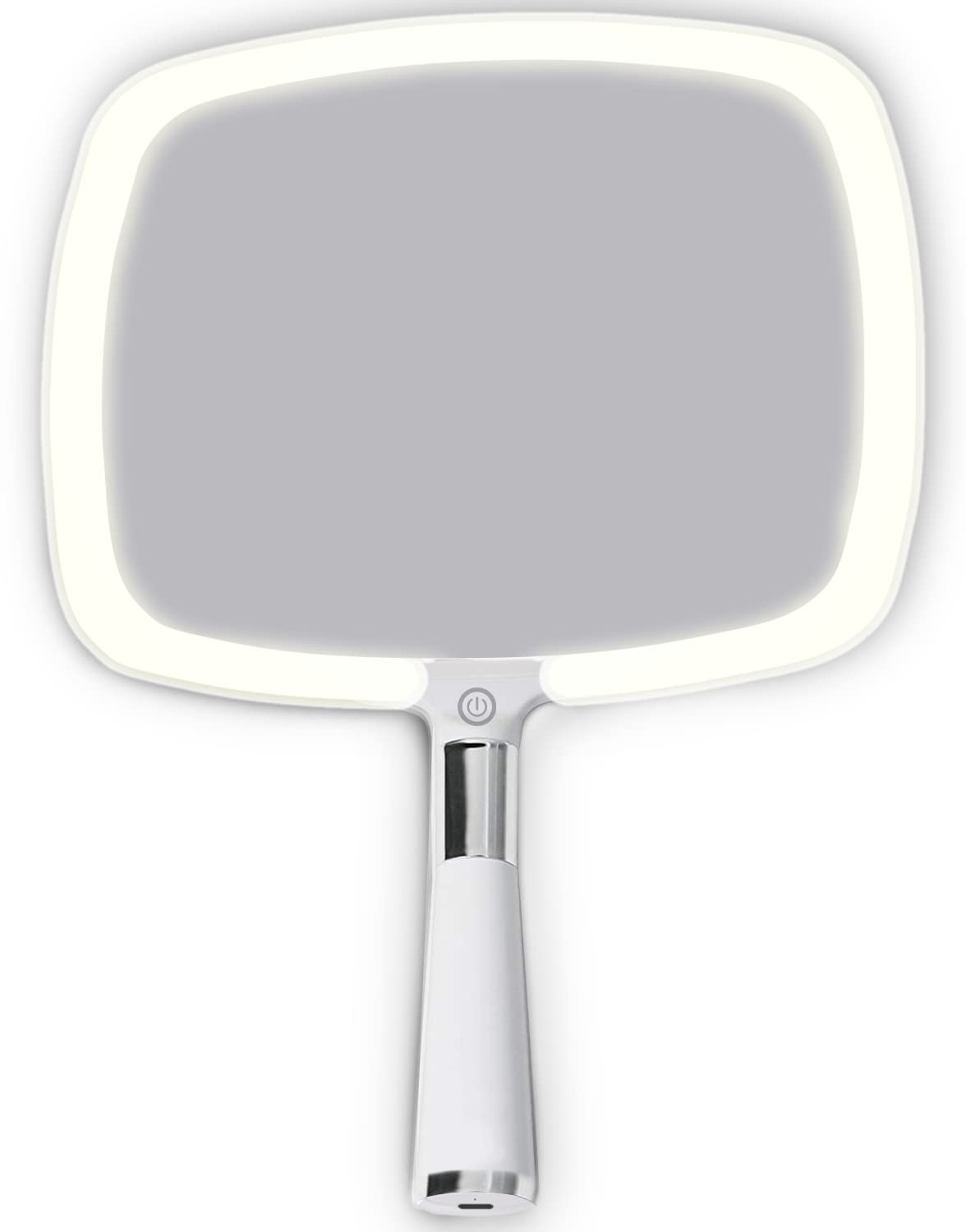 MIRRORVANA Lighted Travel Hand Mirror with Comfy Handle and Detachable Stand - Portable, Thin and Lightweight Design - Rechargeable with 3 LED Light Settings - 9" x 13" (White)
