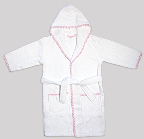 Princess Charlotte Style Kids Bathrobe. Luxury Kids White Pink Checkered Binding Hooded Bathrobe. For Girls Cute and Cuddly Robes. Super Soft and Absorbent. Made in Turkey. (Pink)