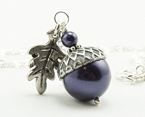 Acorn Necklace with Oak Leaf, Dark Purple Colored Simulated Pearls by Swarovski, Sterling Silver Chain 20 inches