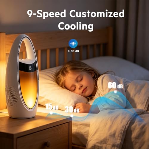 Acemall Ventilador sin Aspas 35cm Portátil Inalámbrico de 4000 mAh Ventilador de Torre con humidificador y 9 Velocidades & luz nocturna y temporizador y 70° Oscilante para dormitorio, oficina, hogar