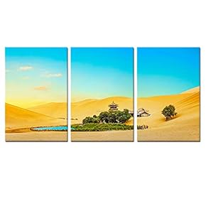 3 Panel Canvas Wall Art Desert Gobi Chinese Building Canvas Prints Painting Wall Decor for Living Room Wooden Framed Home Decorations - 16"x24" x 3 Panels