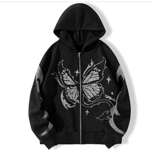 POHADON Y2k Vintage Zip Up Hoodie for Women Oversized Butterfly Graphic Long Sleeve Hooded Aesthetic Sweatshirt Jacket (Black,L) at Amazon