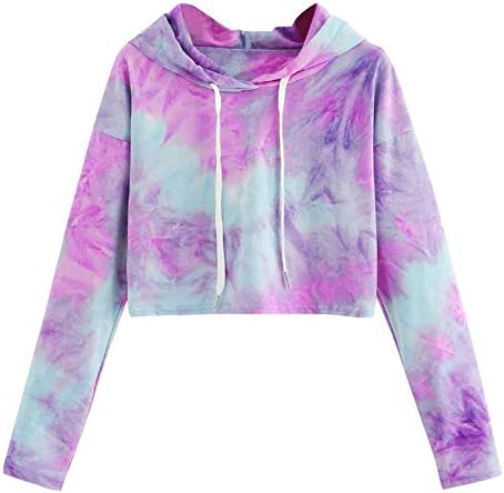 Anxinke Women Teen Girls Casual Crop Top Tie Dye Long Sleeve Drawstring Hoodies
