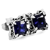 Men's Stainless Steel Stud Earrings CZ Silver Black Blue Dragon Claw Square Vintage (with Gift Bag)