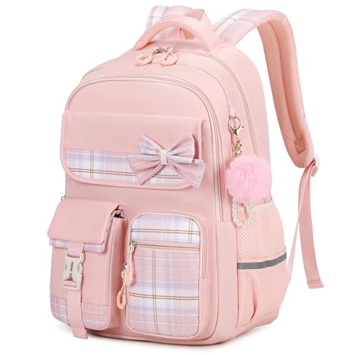 Tanou Girls Primary School Bag, Waterproof Daypack School Backpack for Teens, Kawaii Checked School Bag for Girls 9-16 Years Old for Travel
