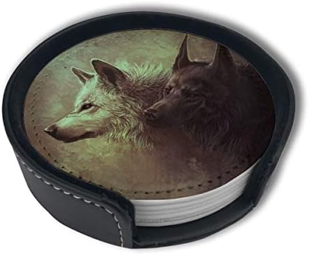 HBLSHISHUAIGE Wolf Art Coasters with Holder Set,Round Mugs and Cups Mat Pad for Drinks,Suitable for Home and Kitchen(6PCS)