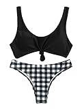 SweatyRocks Women's Sexy Two Piece Bathing Suit Padded Knot Plaid Bikini Set Black M