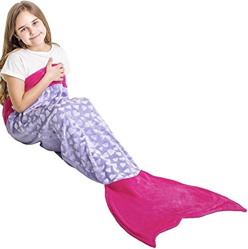 Loved Blanket Heart Mermaid Tail Blanket for Girls Kids Ages 3-12 - Great Gift (Light Purple/Hot Pink)