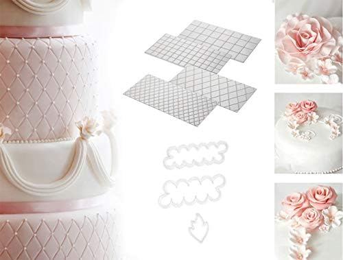 YooGer 4pcs Fondant Diamond Quilted Impression Mat Different Size and 3pcs Fondant Rose Leaf Moulds